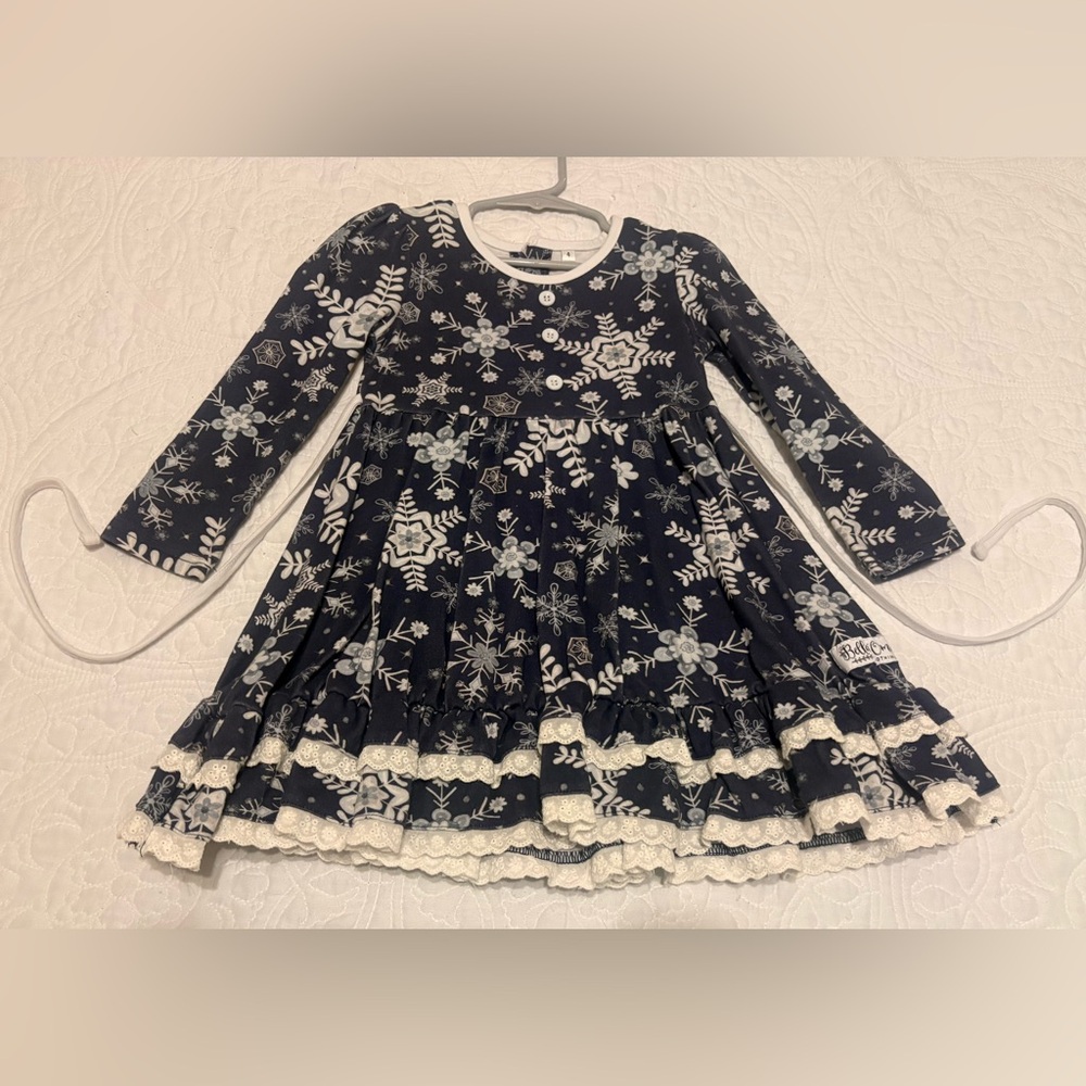 Bella & Omi Navy Snowflake Long Sleeve Ruffle Dress - Size 4